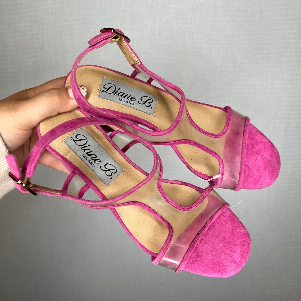 Diane B Milano Pink Suede & Clear Ankle Strap‎ Heel Sandals Size 6.5M
